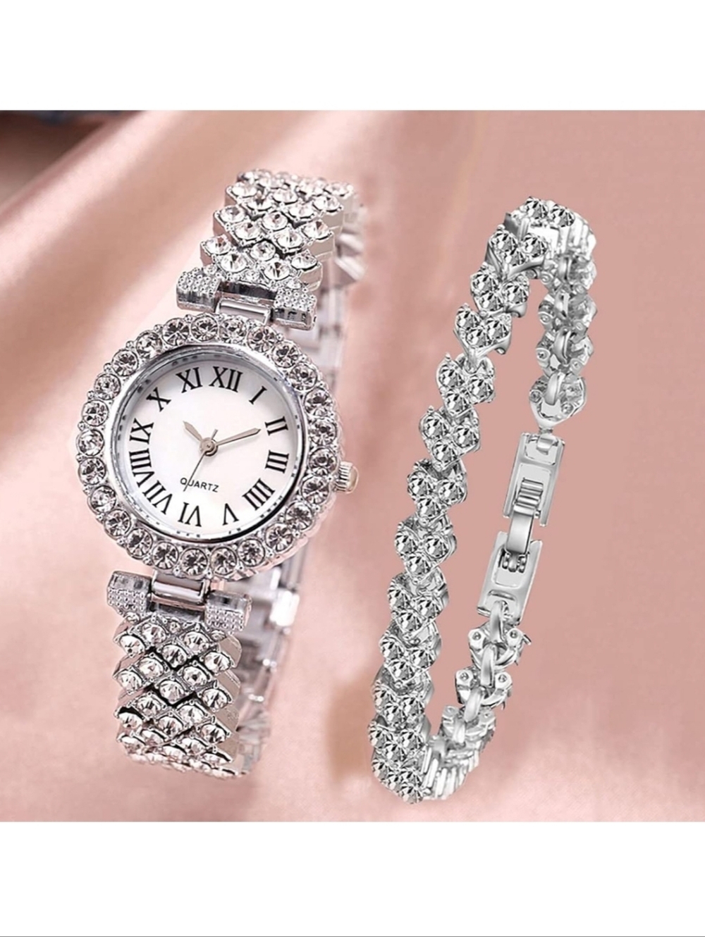 Elegant Silver Crystal Bracelet Watch Set - Women